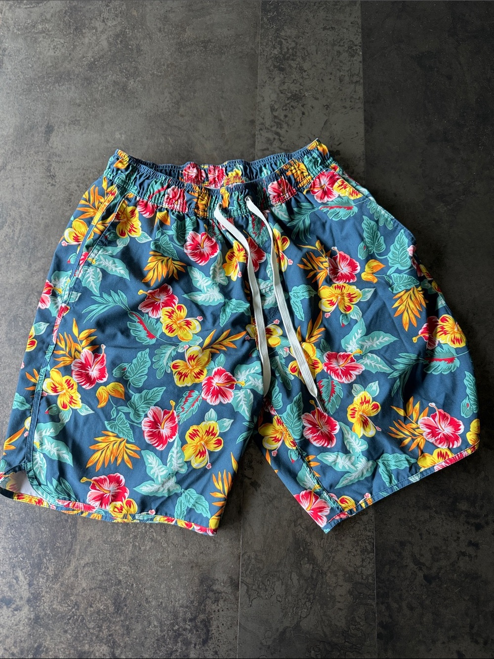 Fair Harbor Blue Swim Trunks with Yellow & Pink Floral Print